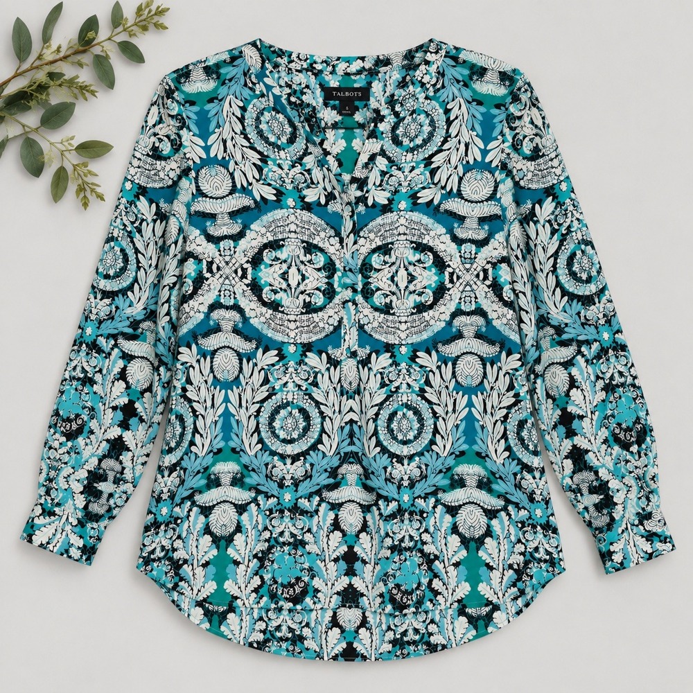 Talbots Blouse Teal Blue Damask Paisley Split Neck Long Sleeve Top Sz Small